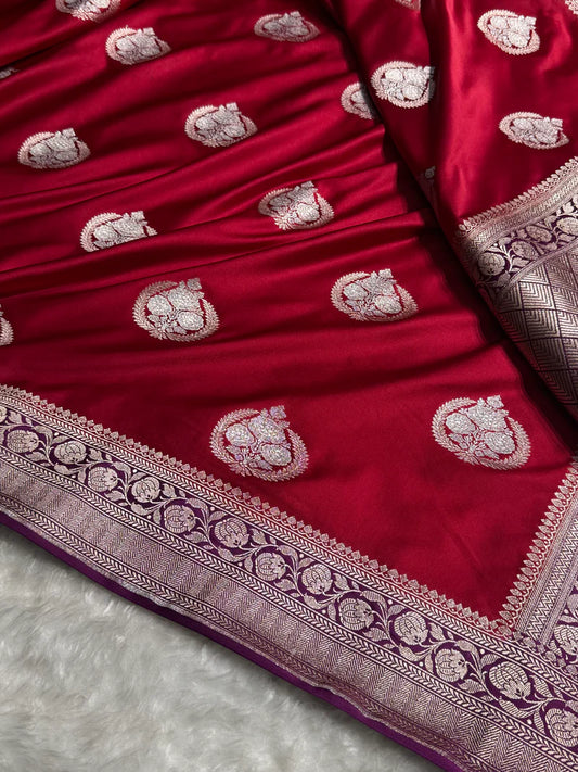 Royal Red and Purple Pure Banarasi Mashru Silk Saree with Elegant Zari Weaving