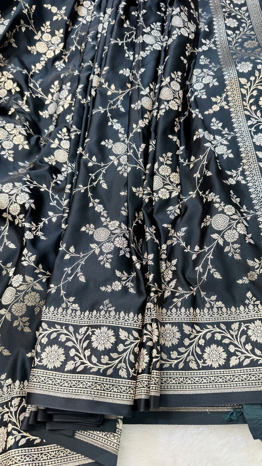 Banarasi Premium Black Mashru Silk Saree with Silver Zari Paisley Pallu & Floral Vine Weaving