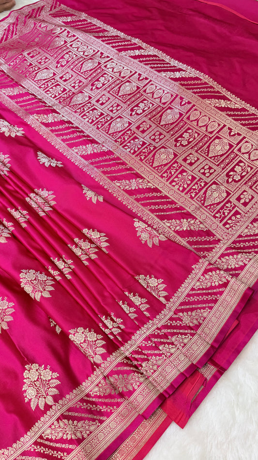 Banarasi Premium Rani Pink Mashru Silk Saree with Silver Zari Floral Butis & Grand Traditional Woven Pallu