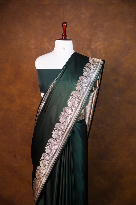 Emerald Green Pure Banarasi Mashru Silk Saree with Antique Zari Border