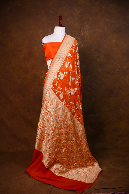Orange Banarasi Khaddi Saree with Heavy Hand Embroidery & Zari Work
