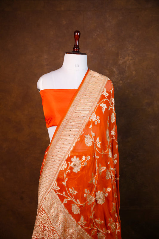 Orange Banarasi Khaddi Saree with Heavy Hand Embroidery & Zari Work