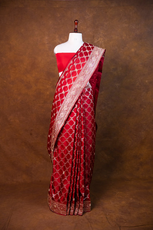 Red Banarasi Mashru Silk Saree with Hand Embroidery & Zari Work