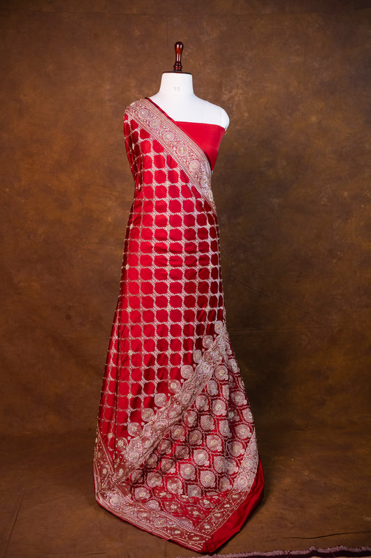 Red Banarasi Mashru Silk Saree with Hand Embroidery & Zari Work