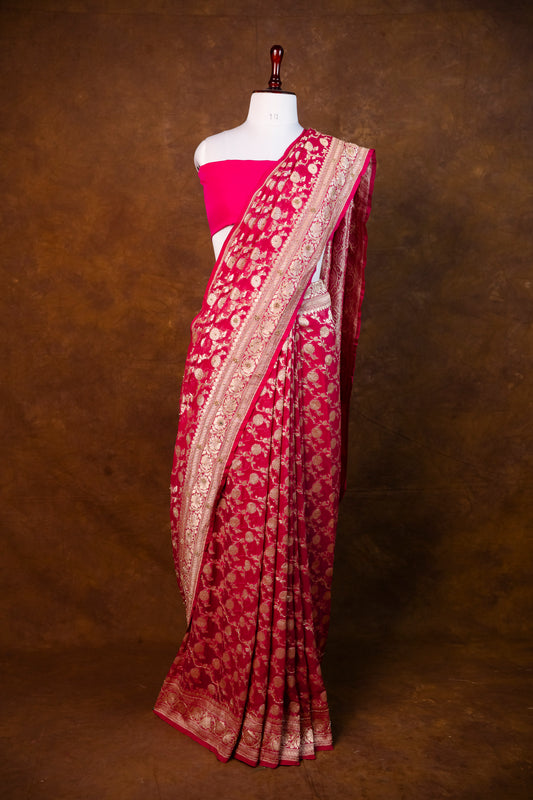 Rani Pink Banarasi Khaddi Saree with Hand Embroidery & Zari Work