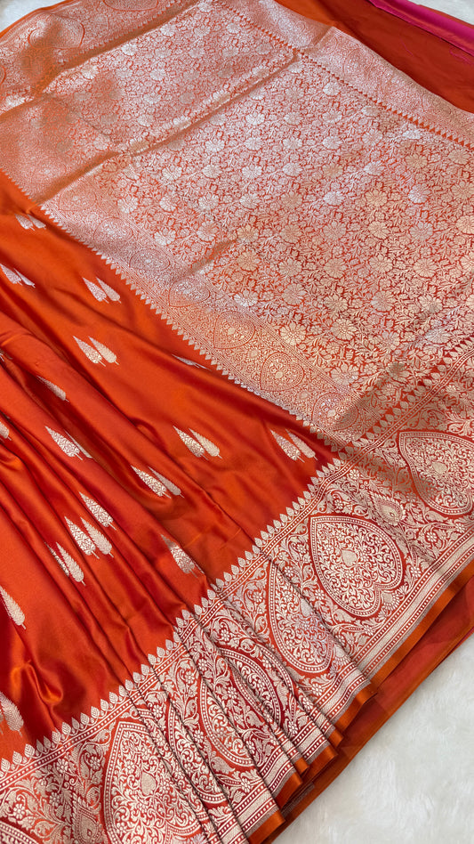Banarasi Premium Rust Orange Mashru Silk Saree with Silver Zari Floral Pallu & Paisley Border
