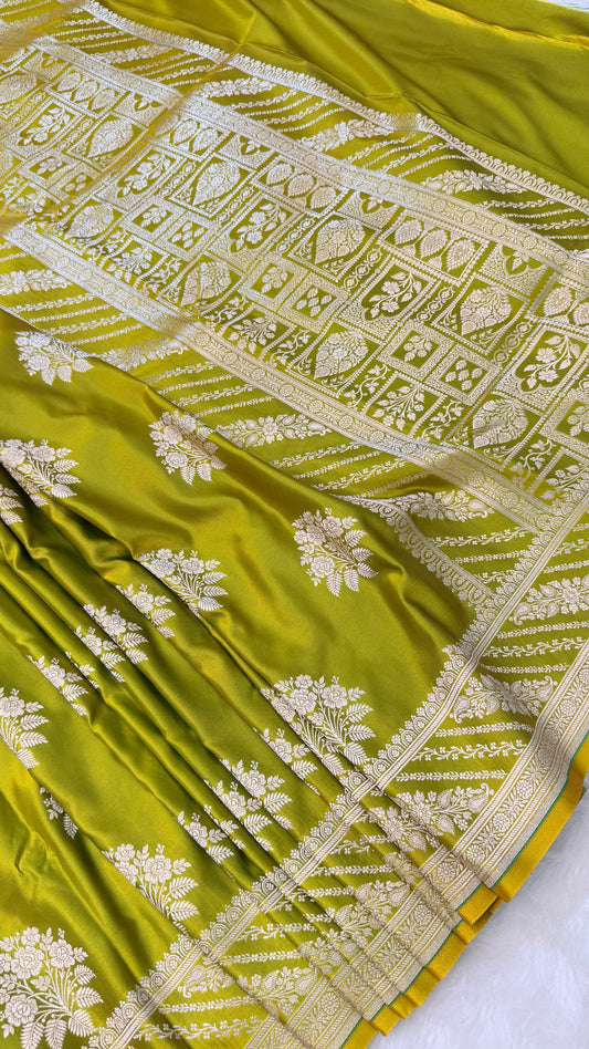 Banarasi Premium Lime Green Mashru Silk Saree with Silver Zari Floral Butis & Grand Woven Pallu