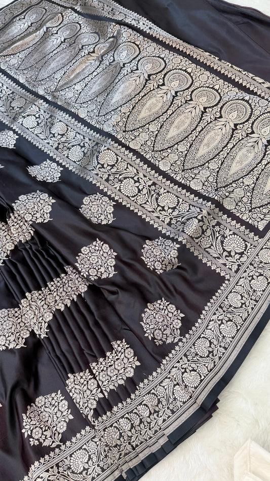 Banarasi Premium Black Mashru Silk Saree with Silver Zari Woven Paisley Pallu & Floral Border