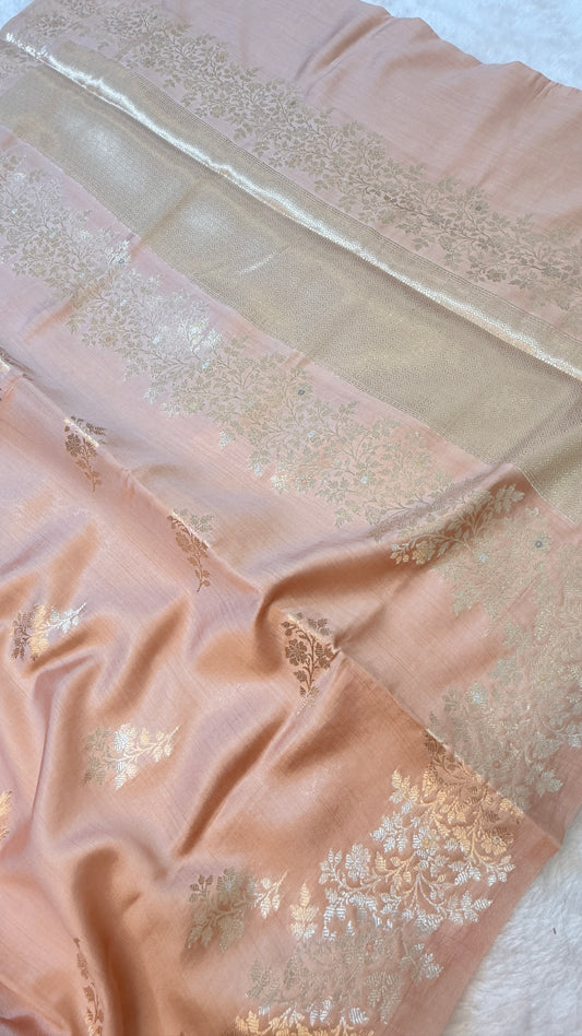 Banarasi Premium Pure Chiniya Silk Saree in Blush Peach with Silver Zari Floral Weaving & Elegant Woven Pallu
