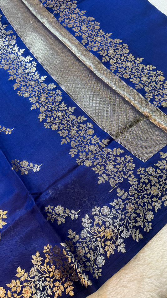 Banarasi Premium Pure Chiniya Silk Saree in Royal Blue with Silver Zari Floral Weaving & Rich Woven Pallu