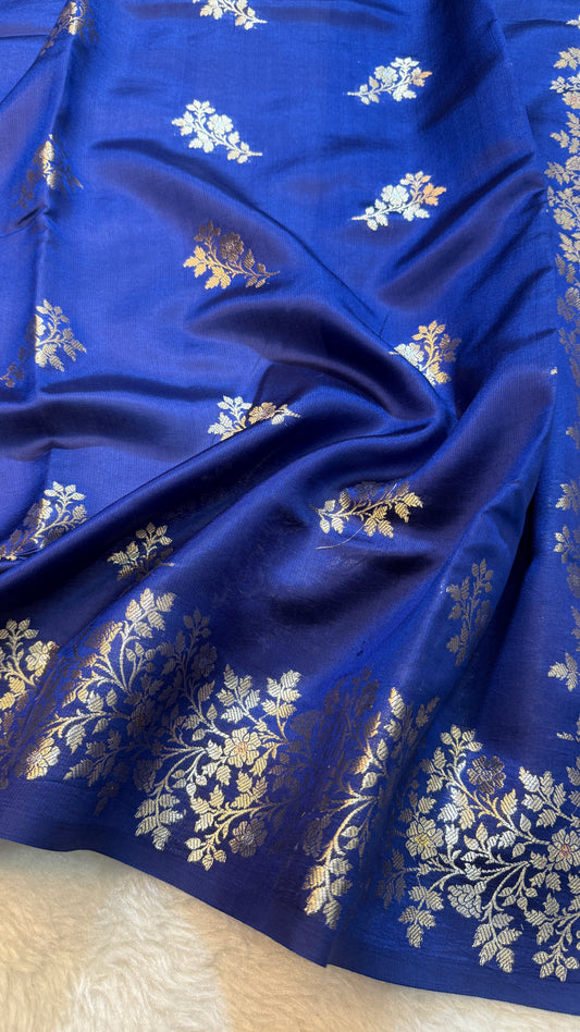 Banarasi Premium Pure Chiniya Silk Saree in Royal Blue with Silver Zari Floral Weaving & Rich Woven Pallu