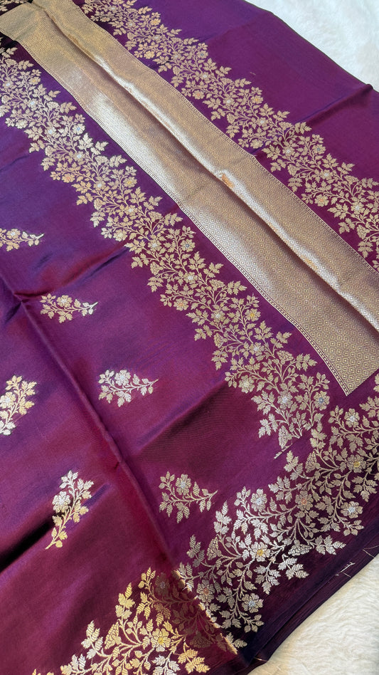 Banarasi Premium Pure Chiniya Silk Saree in Deep Wine Purple with Silver Zari Floral Weaving & Rich Woven