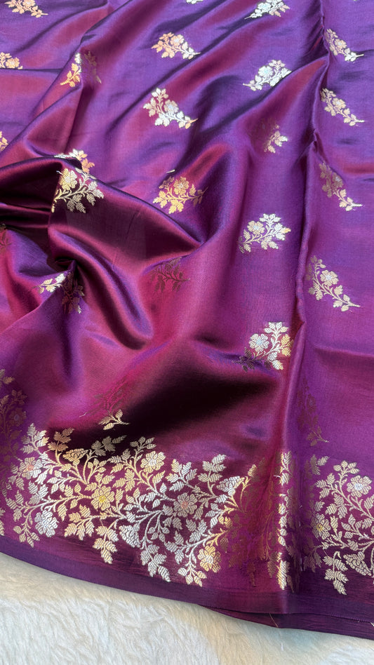 Banarasi Premium Pure Chiniya Silk Saree in Deep Wine Purple with Silver Zari Floral Weaving & Rich Woven