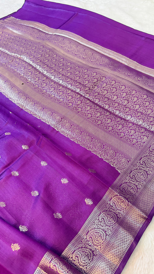 Banarasi Pure Chiniya Silk Saree in Royal Purple with Gold Zari Buti & Traditional Banarasi Border