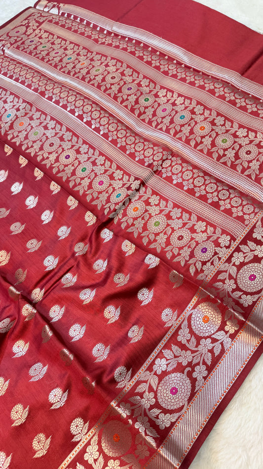 Banarasi Pure Chiniya Silk Saree in Maroon with Silver Zari Floral Weaving & Multicolor Meena Border