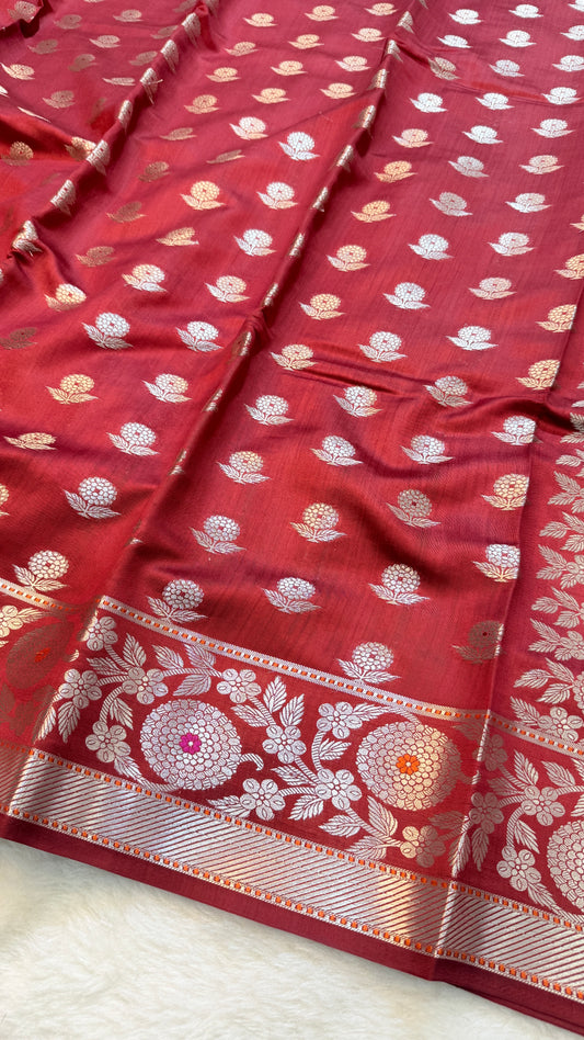Banarasi Pure Chiniya Silk Saree in Maroon with Silver Zari Floral Weaving & Multicolor Meena Border