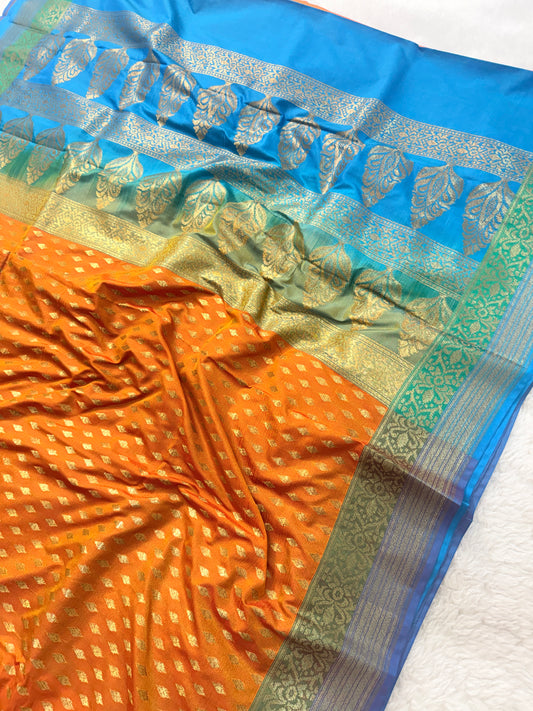 Premium Soft Silk Saree in Orange & Sky Blue with Rich Gold Zari Woven Border