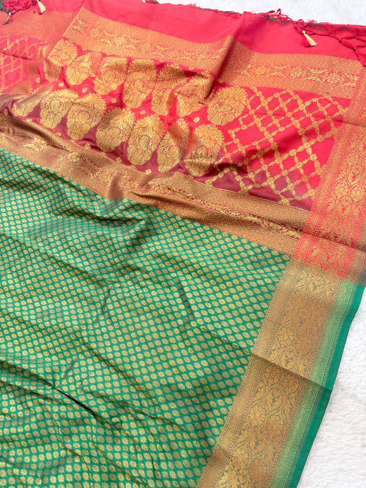 Banarasi Premium Soft Silk Saree in Green & Red with Gold Zari Buttas and Contrast Green Border