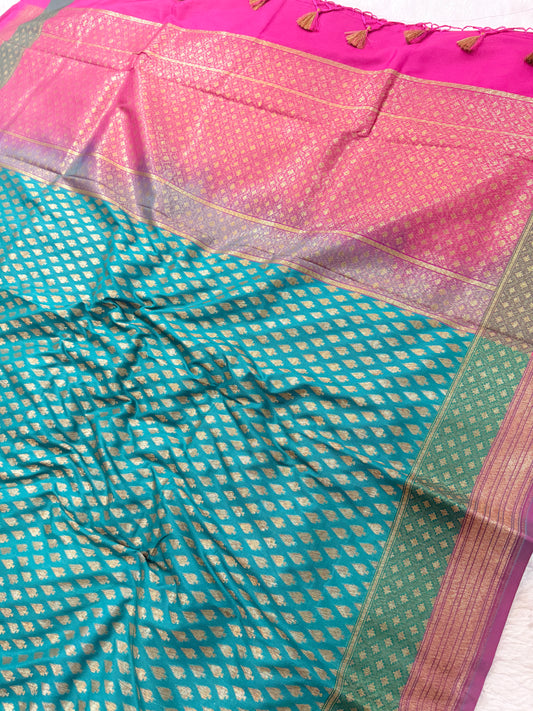 Banarasi Premium Soft Silk Saree in Blue & Rani with Gold Zari Buttas and Contrast Green Border