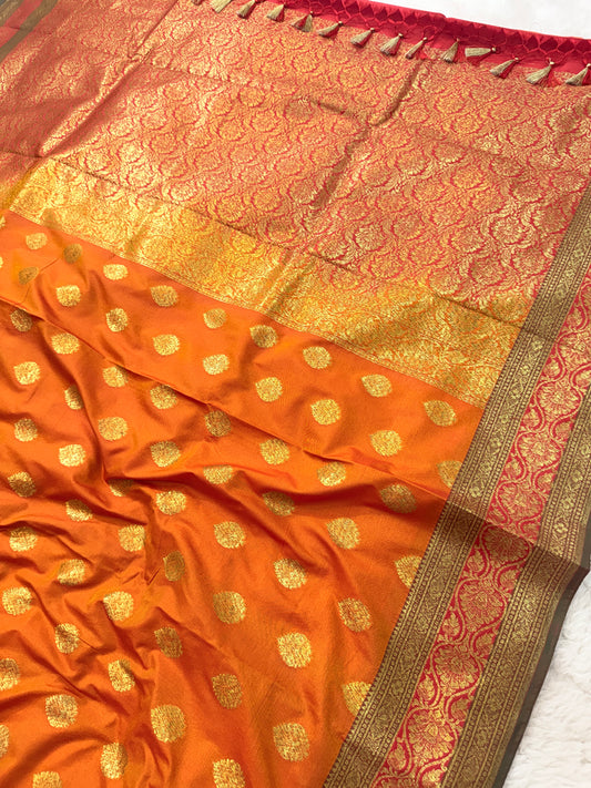 Banarasi Premium Soft Silk Saree in Orange & Rani with Gold Zari Buttas and Contrast Rani Border