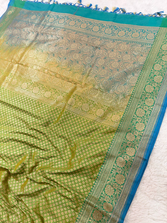 Banarasi Premium Soft Silk Saree in Green & Blue with Gold Zari Buttas and Contrast Blue Border