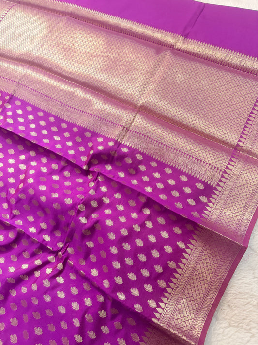Banarasi Premium Purple Paper Silk Saree with All-Over Gold Zari Buttas & Rich Geometric Zari Pallu