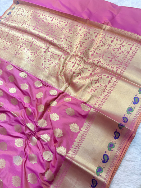 Banarasi Premium Pink Paper Silk Saree with Gold Zari Buttas, Floral Pallu & Peacock Border