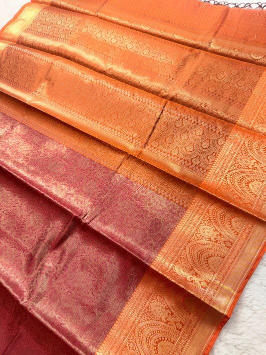 Banarasi Premium Paper Silk Saree in Peach Orange with Rich Gold Zari Paisley Pallu