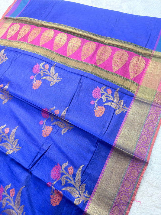 Banarasi Premium Cotton Linen Silk Saree in Royal Blue with Multicolor Floral Weave & Pink Zari Pallu