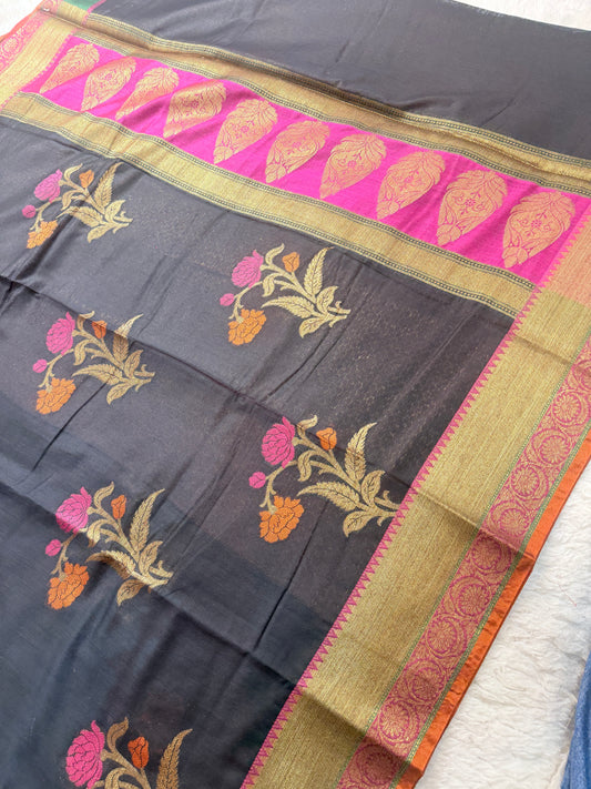 Banarasi Premium Cotton Linen Silk Saree in Charcoal Black with Multicolor Floral Motifs & Pink Zari Pallu