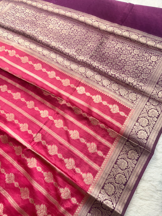 Banarasi Premium Joljhat Silk Saree in Wine & Magenta with Rich Gold Floral Zari Weaving