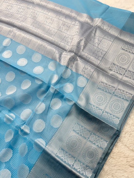 Banarasi Premium Cotton Kota Silk Saree in Sky Blue with Silver Zari Floral Buttas & Designer Border