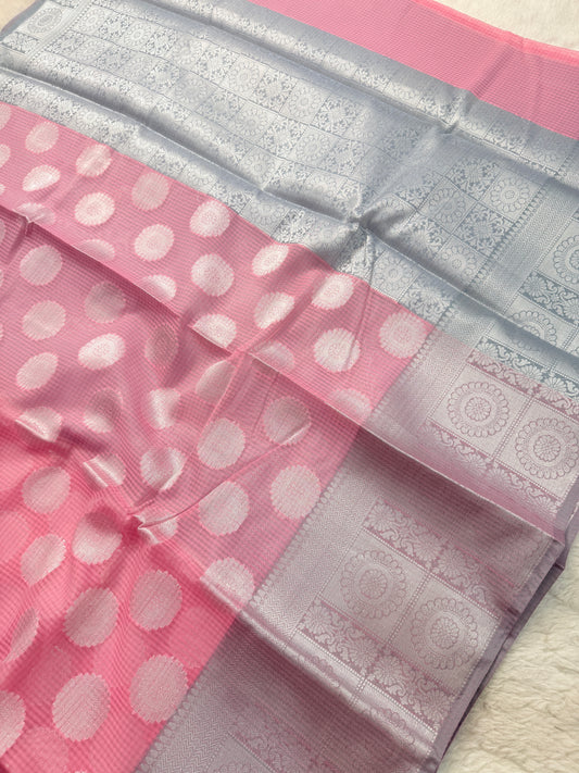 Banarasi Premium Cotton Kota Silk Saree in Rose Pink with Silver Zari Buttas & Designer Floral Border