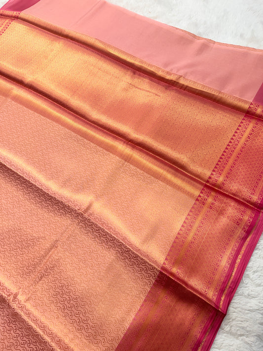Banarasi Premium Paper Silk Saree in Peach Pink with Antique Gold Zari Weave & Rani Pink Border