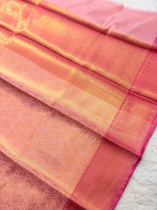 Banarasi Premium Paper Tissue Silk Saree in Peach Pink with Rich Gold Zari Weaving & Magenta Border