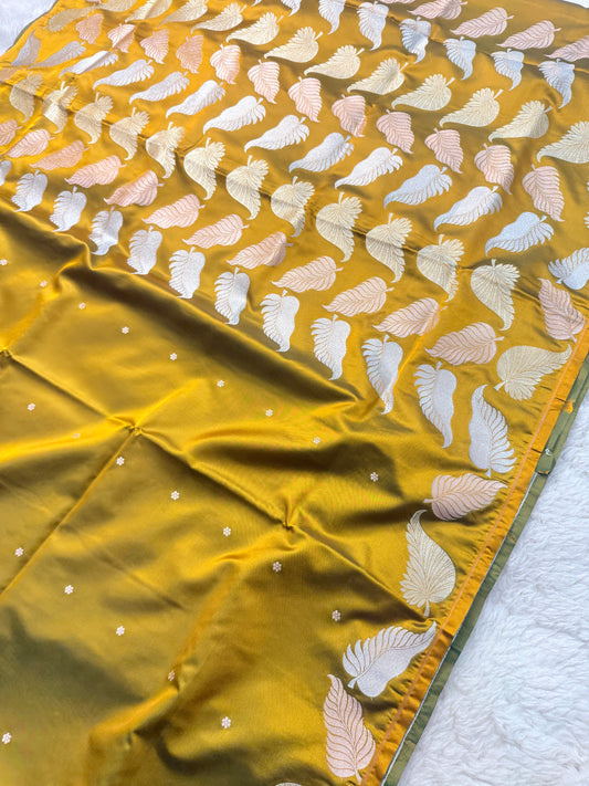 Banarasi Premium Mashru Silk Saree in Mustard Yellow with Multicolor Leaf Motifs & Zari Buttas