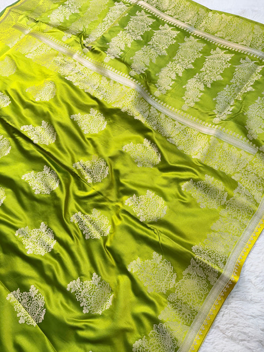 Banarasi Mustard Green Mashru Silk Saree with Silver Zari Floral Boota & Grand Paisley Pallu