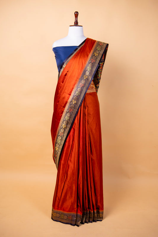 Banarasi Royal Mashru Silk Saree in Rust Orange with Contrast Blue Border