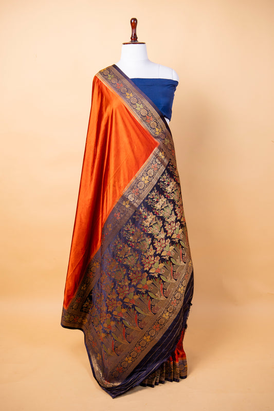 Banarasi Royal Mashru Silk Saree in Rust Orange with Contrast Blue Border