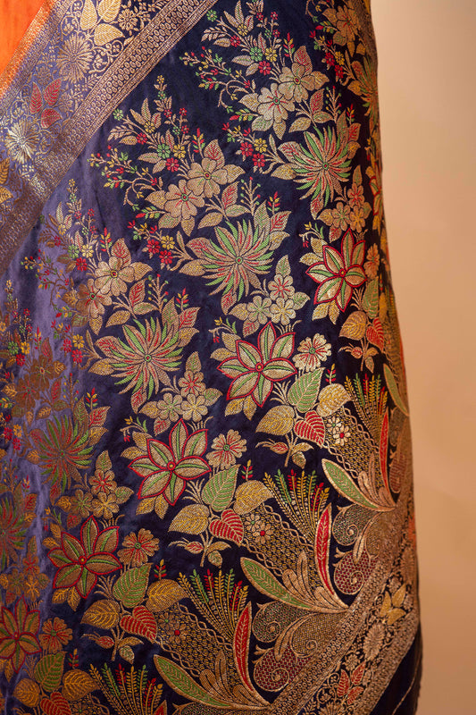 Banarasi Royal Mashru Silk Saree in Rust Orange with Contrast Blue Border