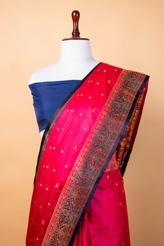 Banarasi Rani Pink Mashru Silk Saree with Traditional Contrast Border
