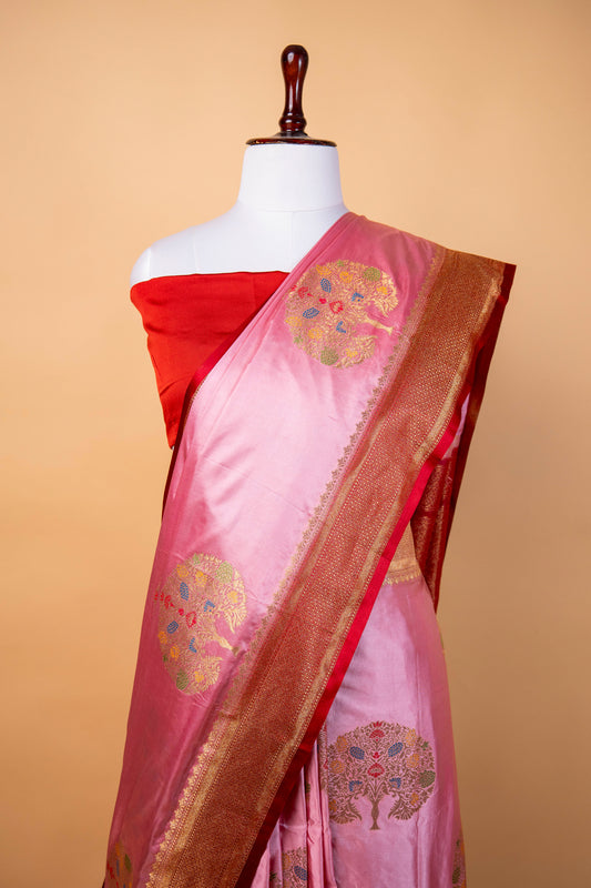 Banarasi Baby Pink Mashru Silk Saree with Gold Zari Tree Motifs and Contrast Red Border