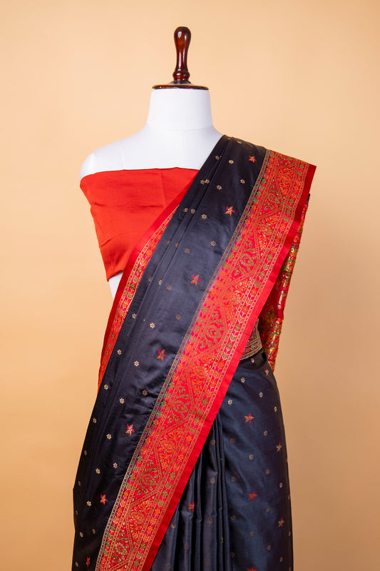 Banarasi Navy Blue Mashru Silk Saree with Red Traditional Woven Border