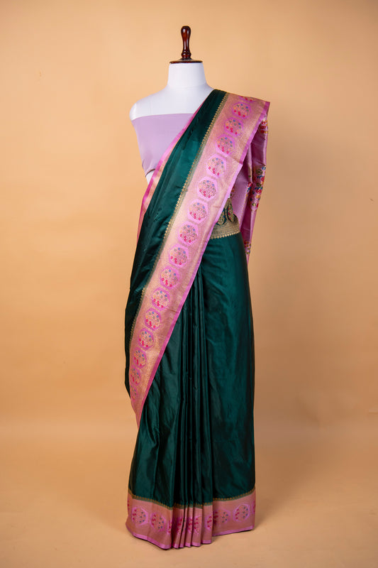 Banarasi Peacock Green Mashru Silk Saree with Meenakari Woven Border