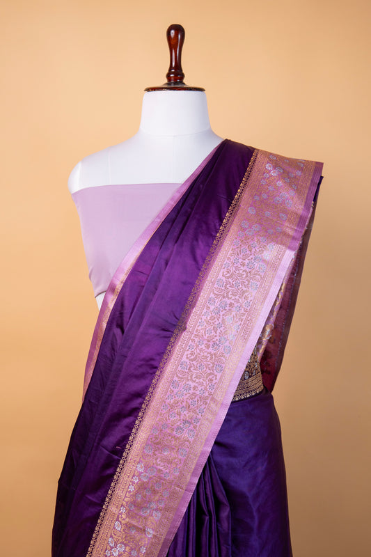 Banarasi Royal Purple Mashru Silk Saree with Elegant Zari Woven Border