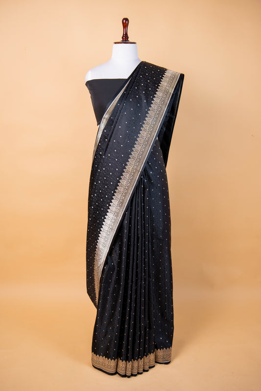 Banarasi Midnight Black Mashru Silk Saree with Silver Zari Floral Border
