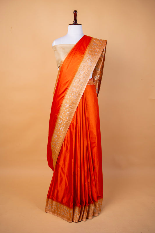 Banarasi Vibrant Orange Mashru Silk Saree with Gold Zari Border