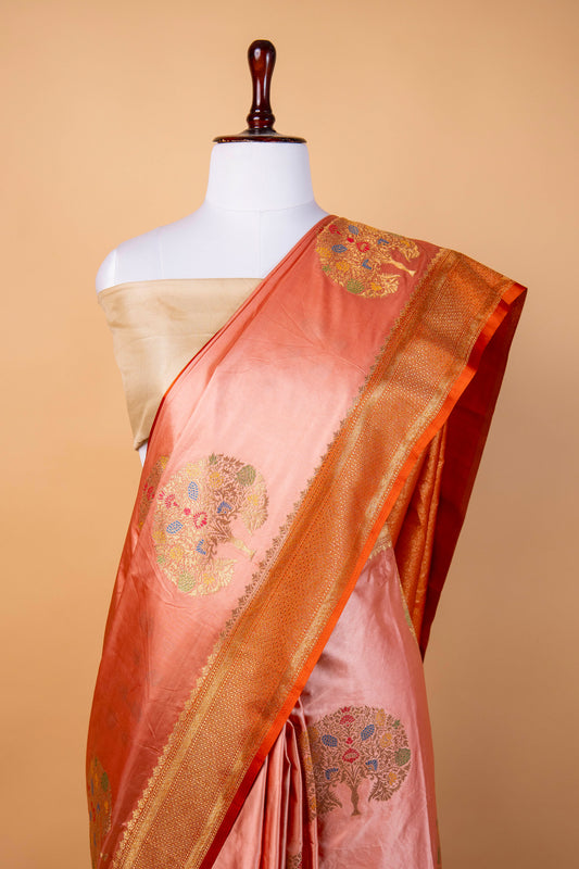 Banarasi Peach Pink Mashru Silk Saree with Meena Tree Motif & Gold Zari Border