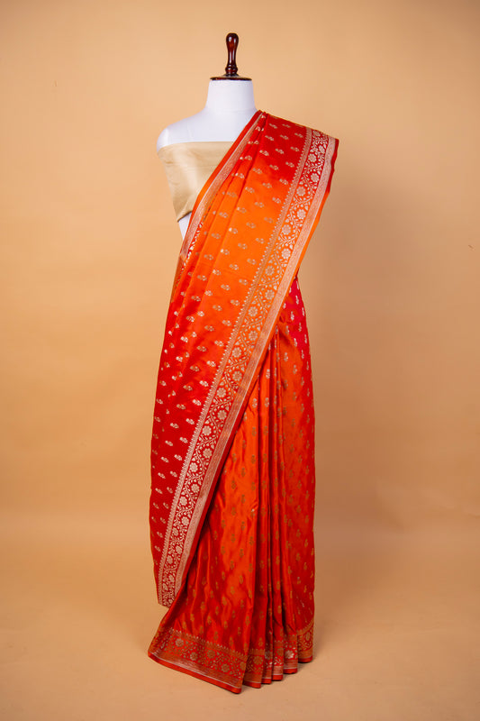 Banarasi Dual-Tone Orange & Red Mashru Silk Saree with Silver Zari Booti and Floral Border