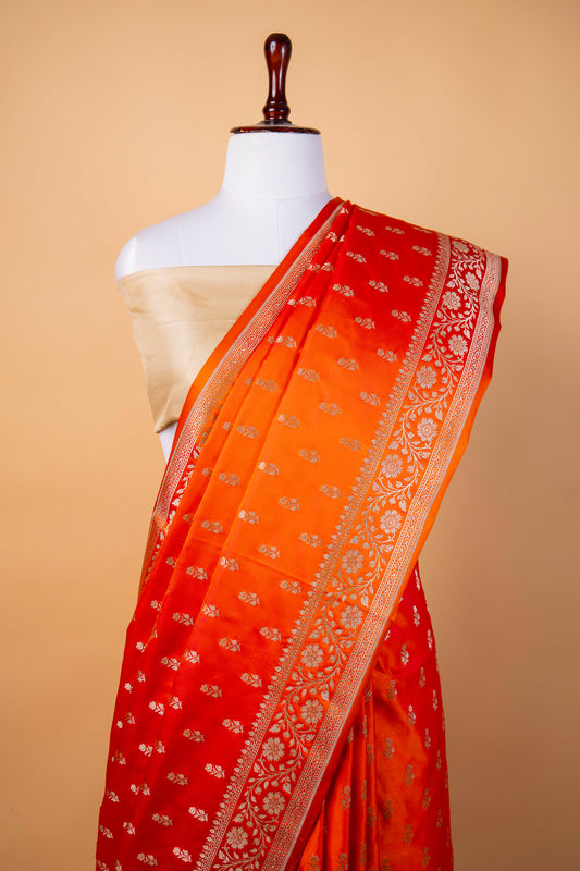 Banarasi Dual-Tone Orange & Red Mashru Silk Saree with Silver Zari Booti and Floral Border